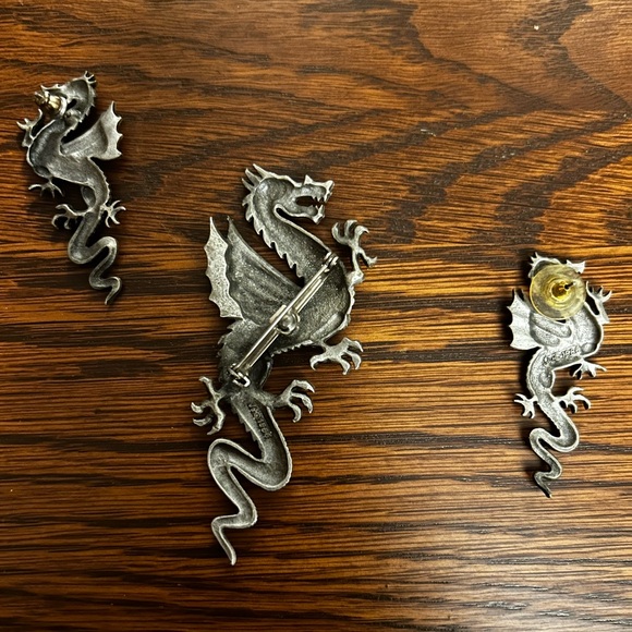 Vintage JJ Artifacts Mythical Dragon Pewter Brooch and Earrings Set - Picture 3 of 5